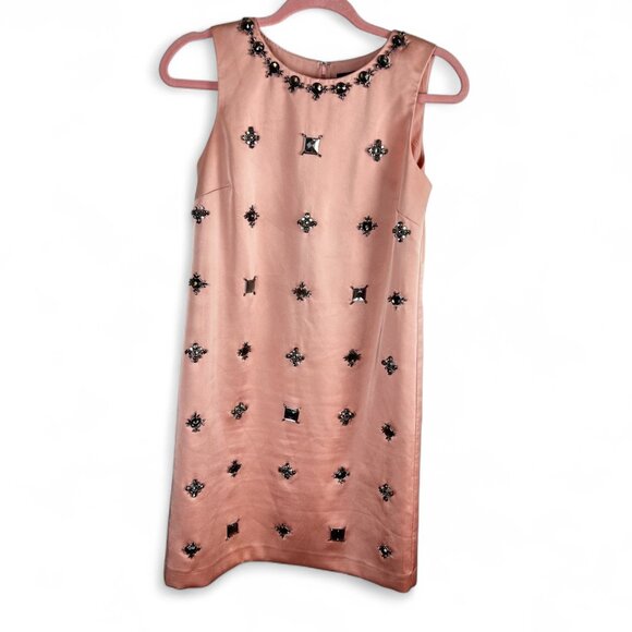 Ann Taylor Bejeweled Blush Pink Satin Shift Dress Wedding Guest Royalty Size 2 - Picture 2 of 16